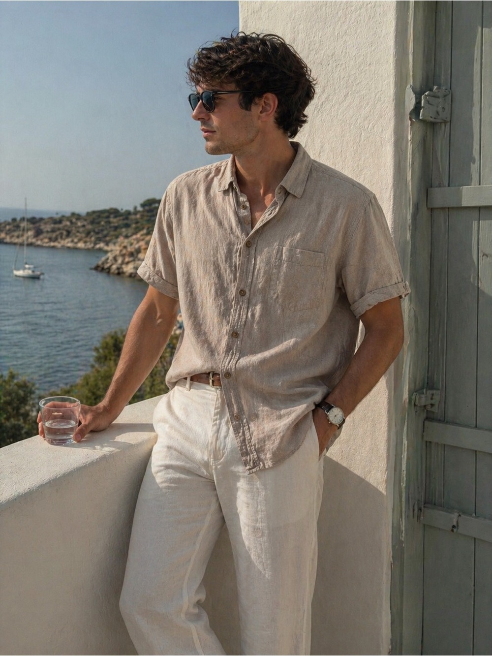 Denver Hayes Linen Blend Short Sleeve Shirt Beige Old Money Summer Men L Coastal